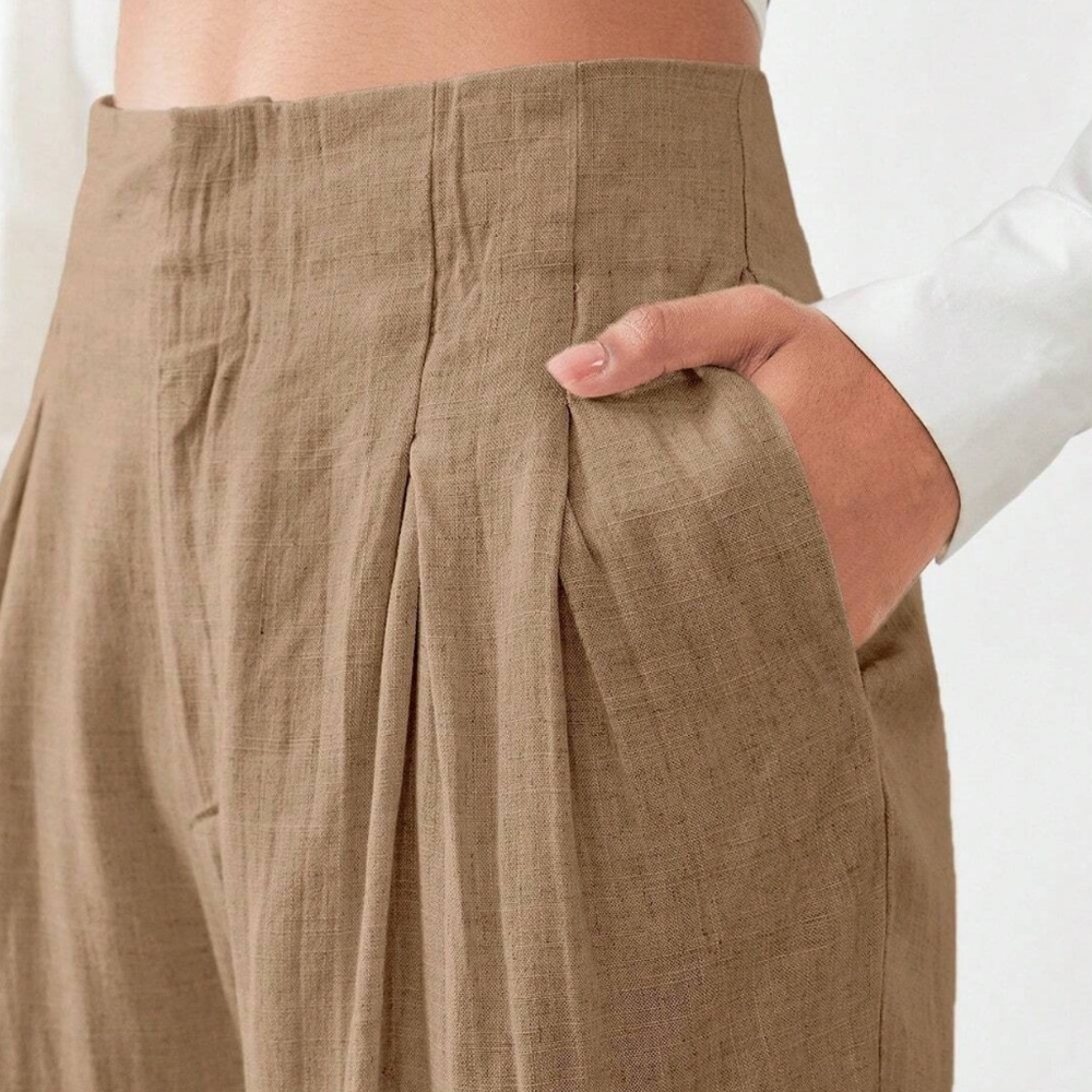 Classic Cream Linen Wide Leg Pockets Pants Trousers - Picture 8 of 10